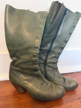 SOLD John Fluevog Green Leather Mid-Calf Heeled Boots with Stud Trim